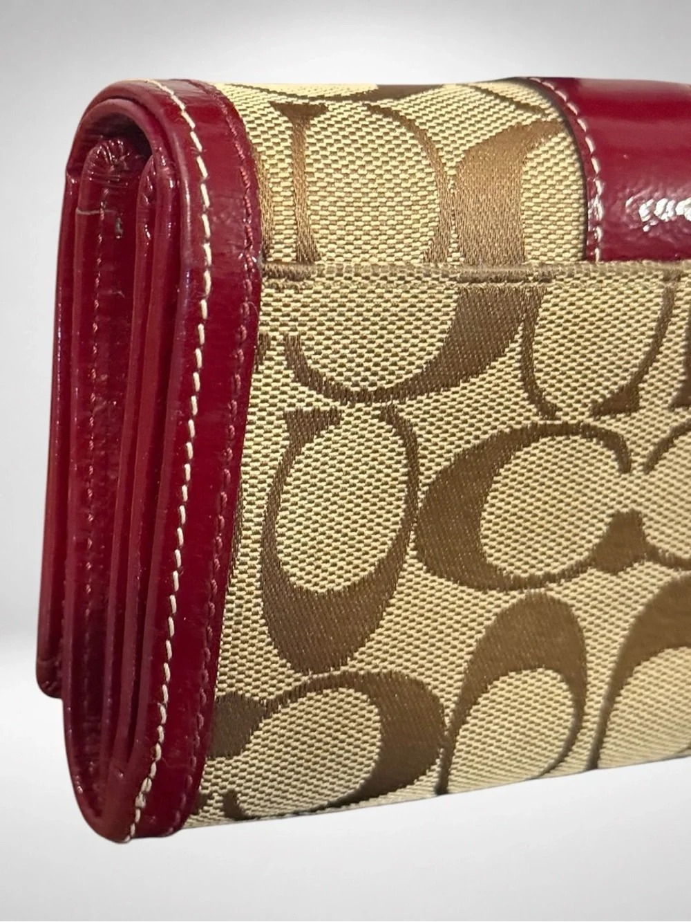 COACH Signature Canvas Leather Trifold Wallet Red Khaki Logo Wallet Y2K Vintage